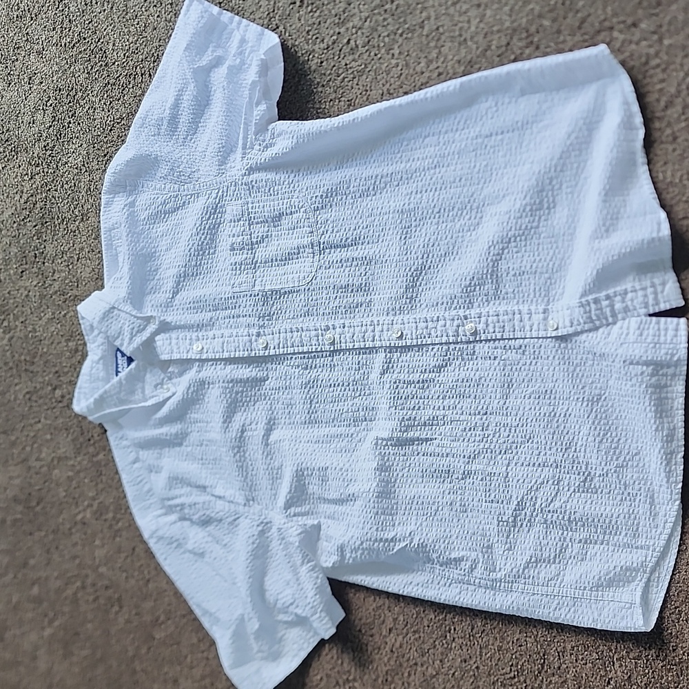 Mens Short Sleeve Lands' End Seer Sucker Button Up (L) White